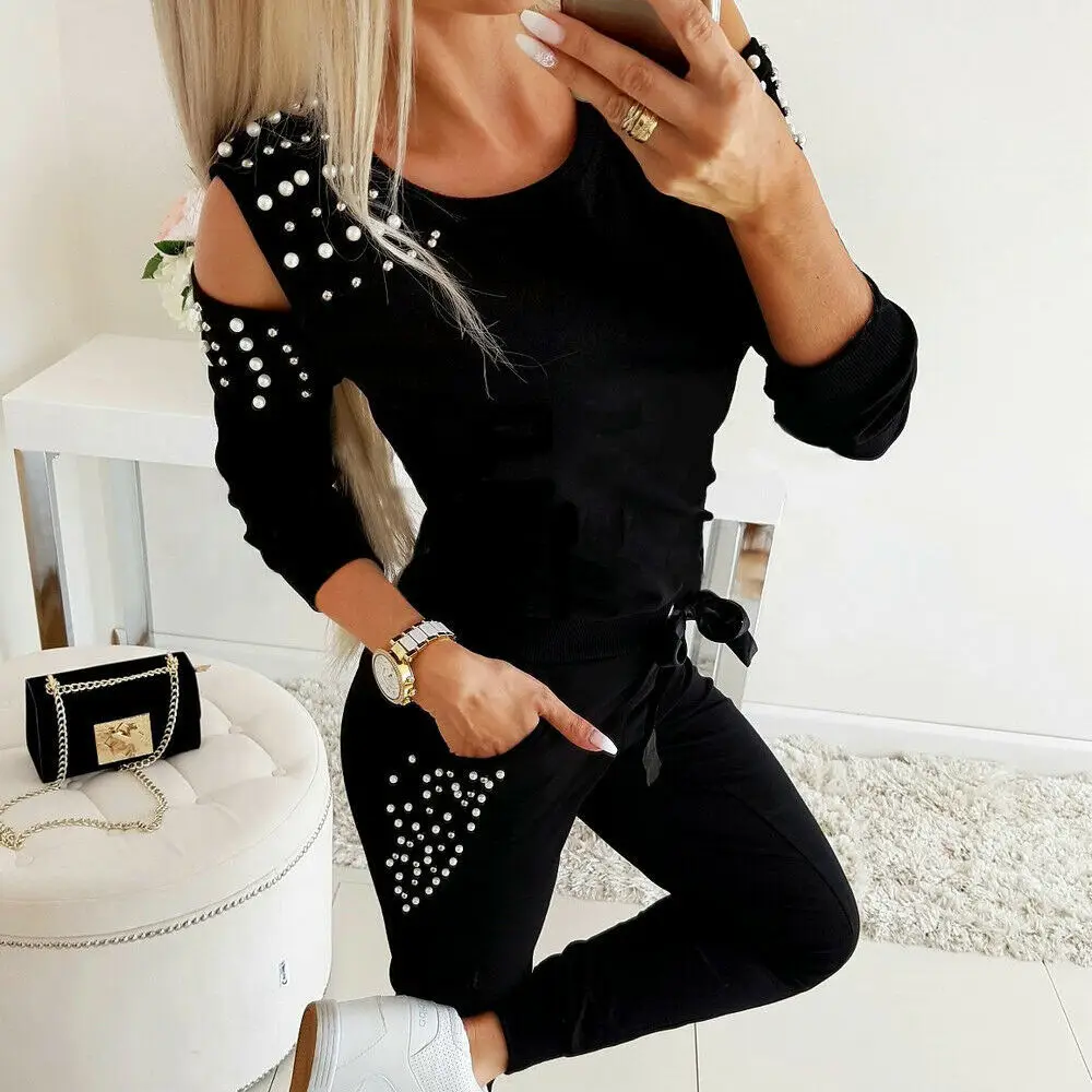Women Sexy Beaded Suit Blue Long Sleeve Winter