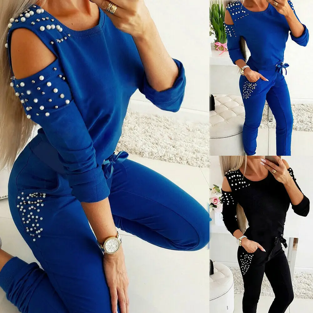 Women Sexy Beaded Suit Blue Long Sleeve Winter — feature 2