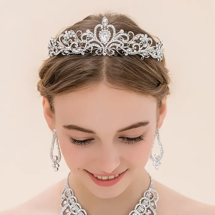 Rose Gold Bridal Crown Headdress with Crystal Accents - Image 23