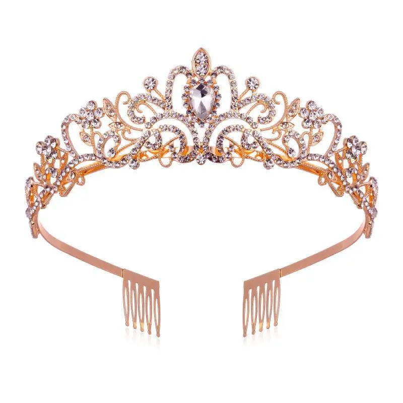 Rose Gold Bridal Crown Headdress with Crystal Accents - Image 24