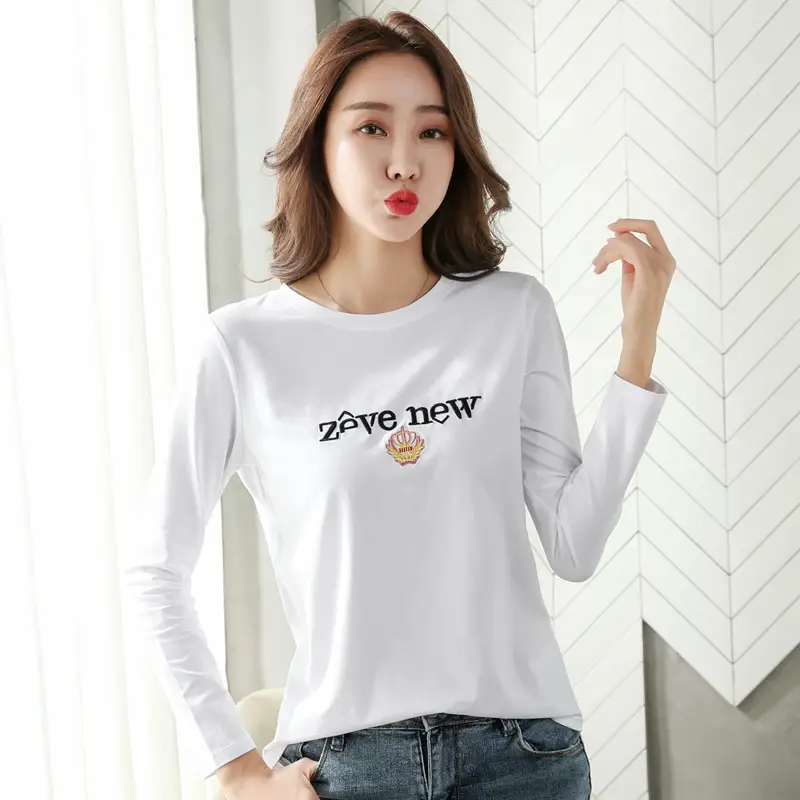 Women Cotton Round Neck Long Sleeve Shirt Black Embroidery - Image 2