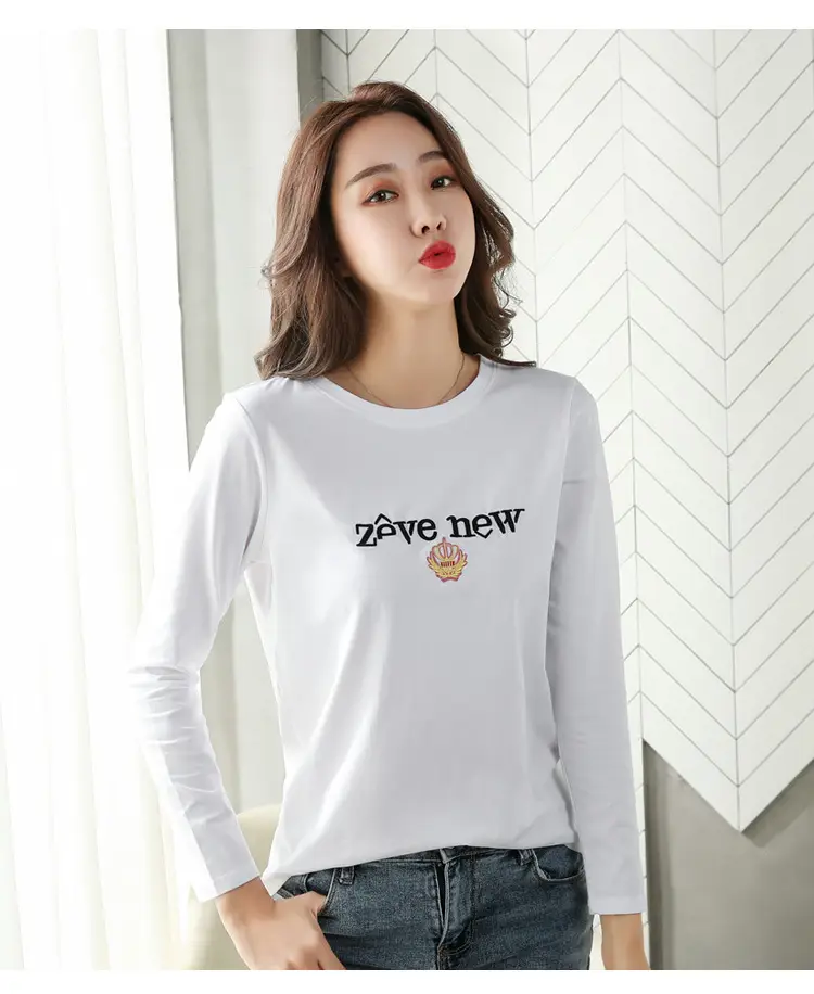 Women Cotton Round Neck Long Sleeve Shirt Black Embroidery — feature 18