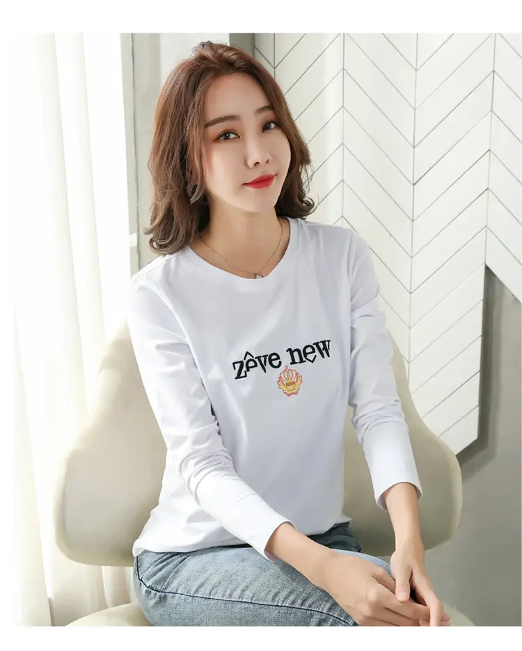 Women Cotton Round Neck Long Sleeve Shirt Black Embroidery — feature 22