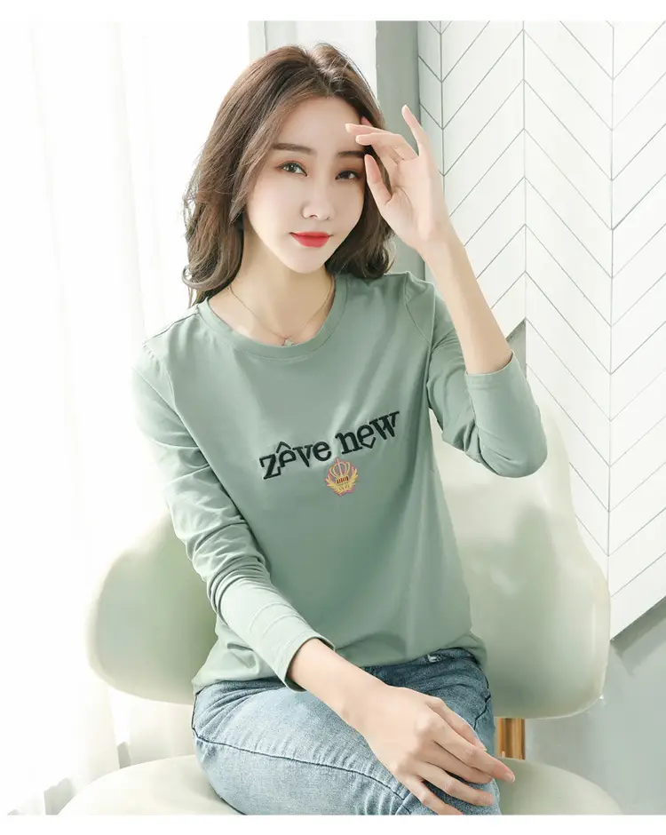 Women Cotton Round Neck Long Sleeve Shirt Black Embroidery — feature 24