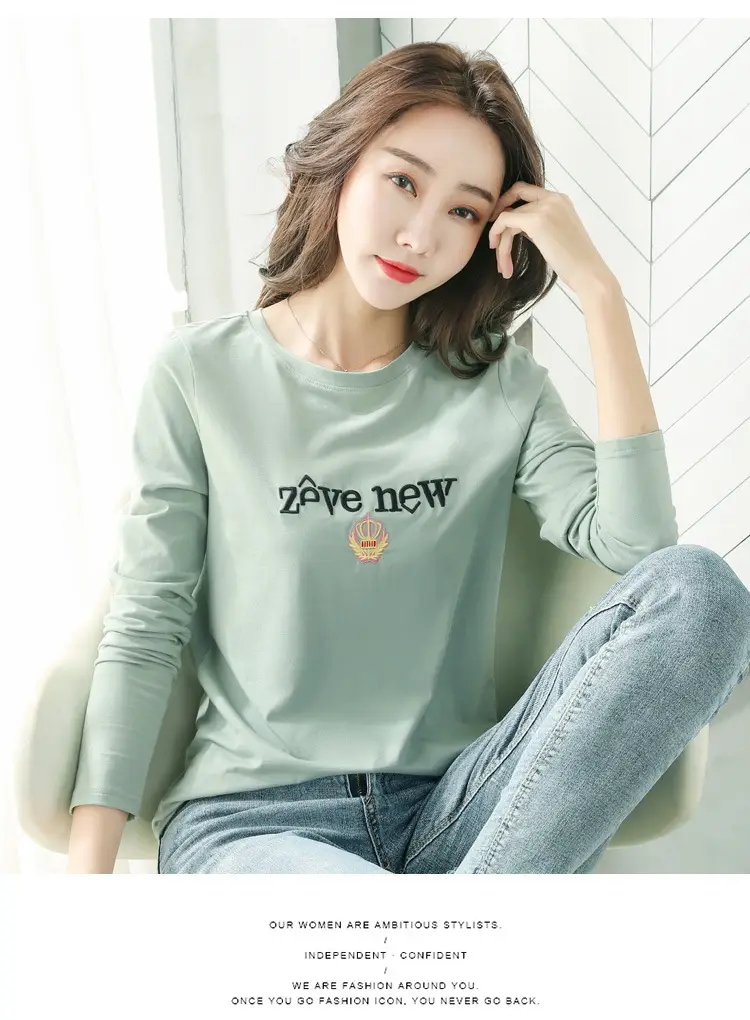 Women Cotton Round Neck Long Sleeve Shirt Black Embroidery — feature 26