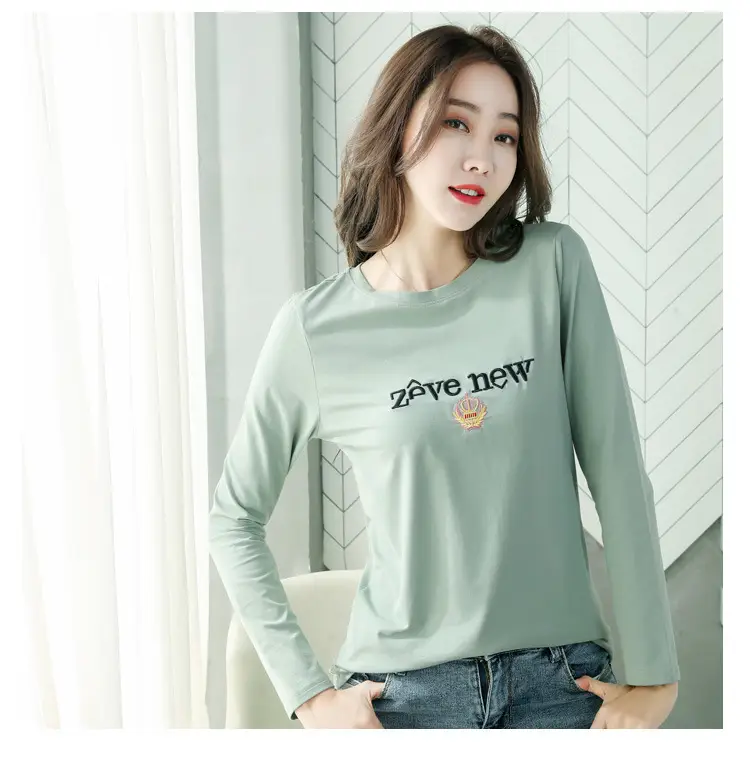 Women Cotton Round Neck Long Sleeve Shirt Black Embroidery — feature 27