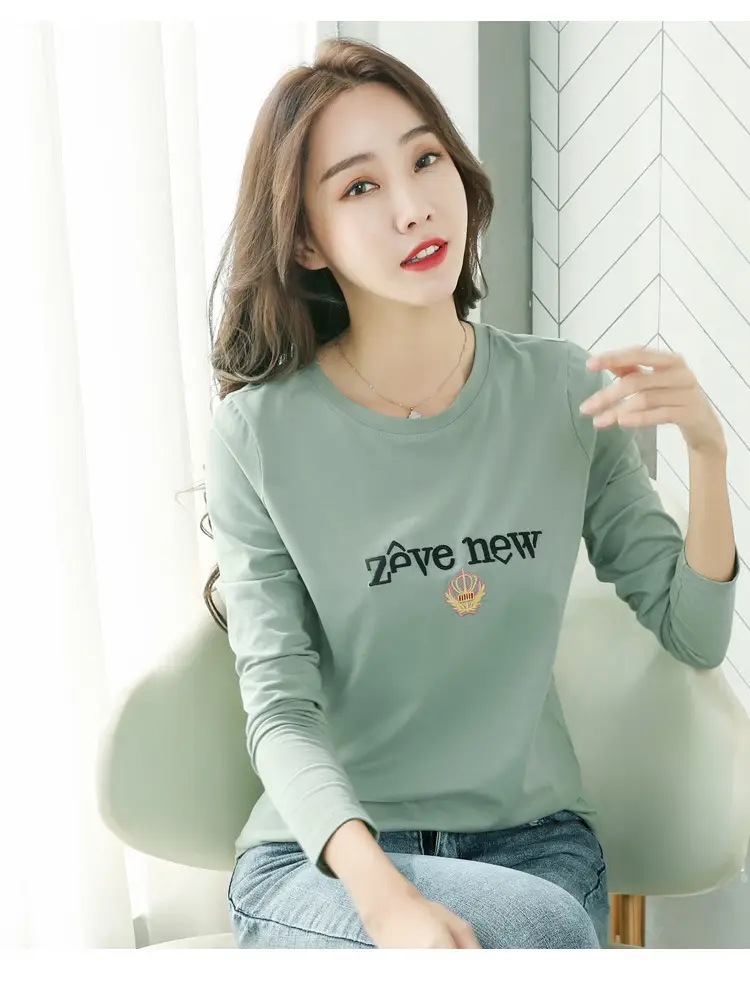 Women Cotton Round Neck Long Sleeve Shirt Black Embroidery — feature 28