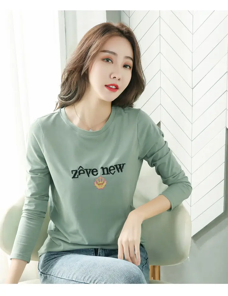 Women Cotton Round Neck Long Sleeve Shirt Black Embroidery — feature 29