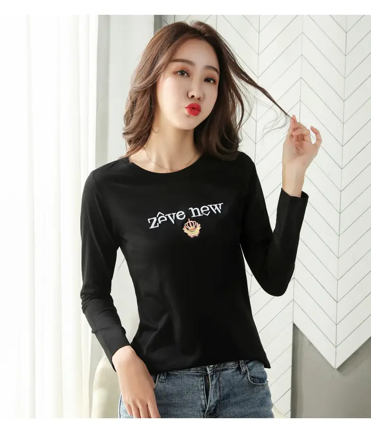 Women Cotton Round Neck Long Sleeve Shirt Black Embroidery — feature 30