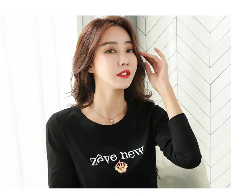 Women Cotton Round Neck Long Sleeve Shirt Black Embroidery — feature 31