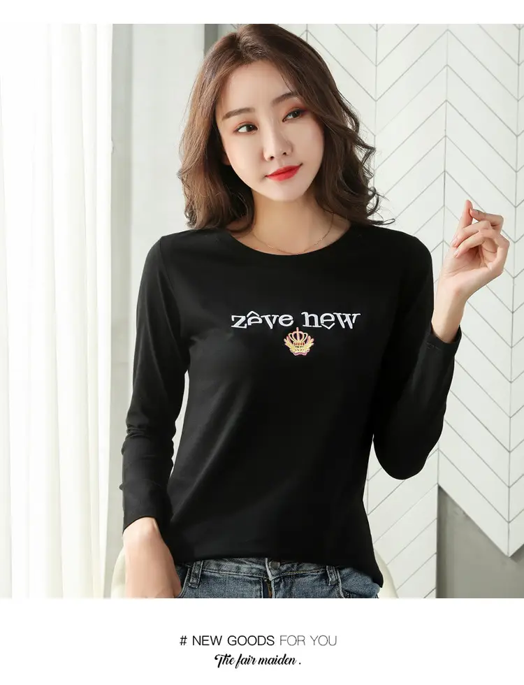 Women Cotton Round Neck Long Sleeve Shirt Black Embroidery — feature 32