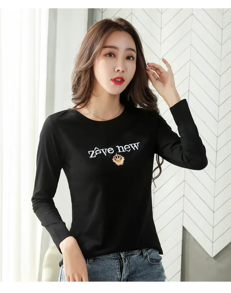 Women Cotton Round Neck Long Sleeve Shirt Black Embroidery — feature 33