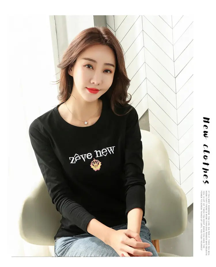Women Cotton Round Neck Long Sleeve Shirt Black Embroidery — feature 34