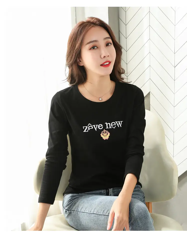Women Cotton Round Neck Long Sleeve Shirt Black Embroidery — feature 35