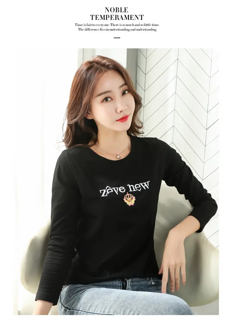 Women Cotton Round Neck Long Sleeve Shirt Black Embroidery — feature 36