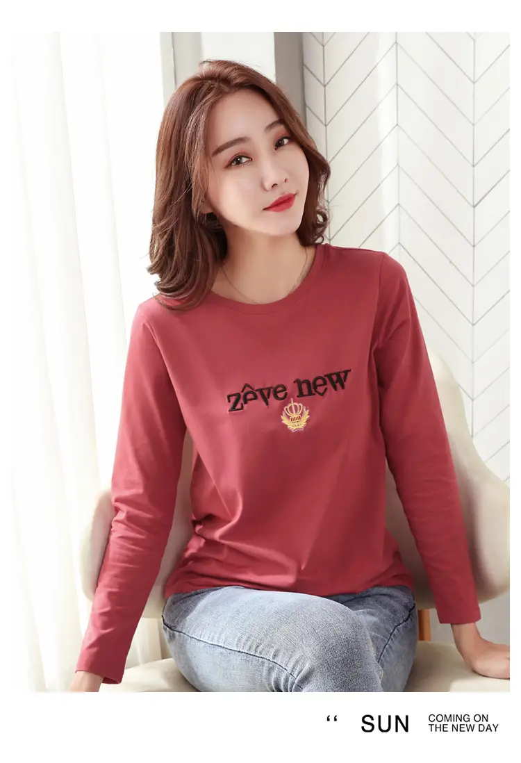 Women Cotton Round Neck Long Sleeve Shirt Black Embroidery — feature 39