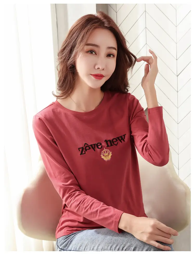 Women Cotton Round Neck Long Sleeve Shirt Black Embroidery — feature 42