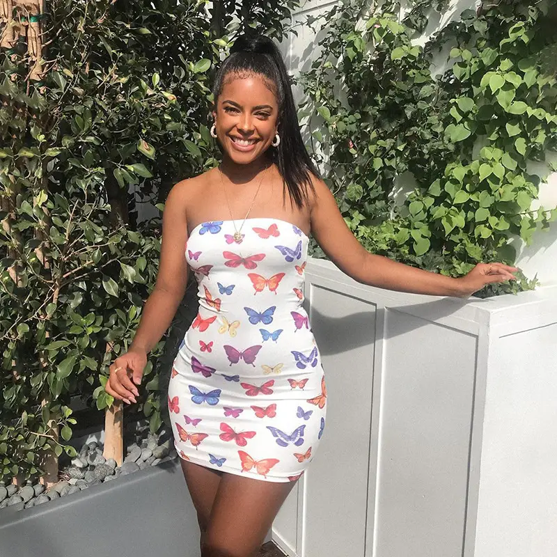 Women Butterfly Print Tube Top Skirt Set Spring Summer