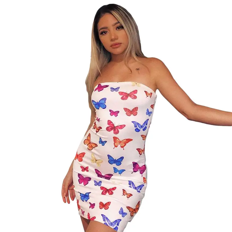Women Butterfly Print Tube Top Skirt Set Spring Summer