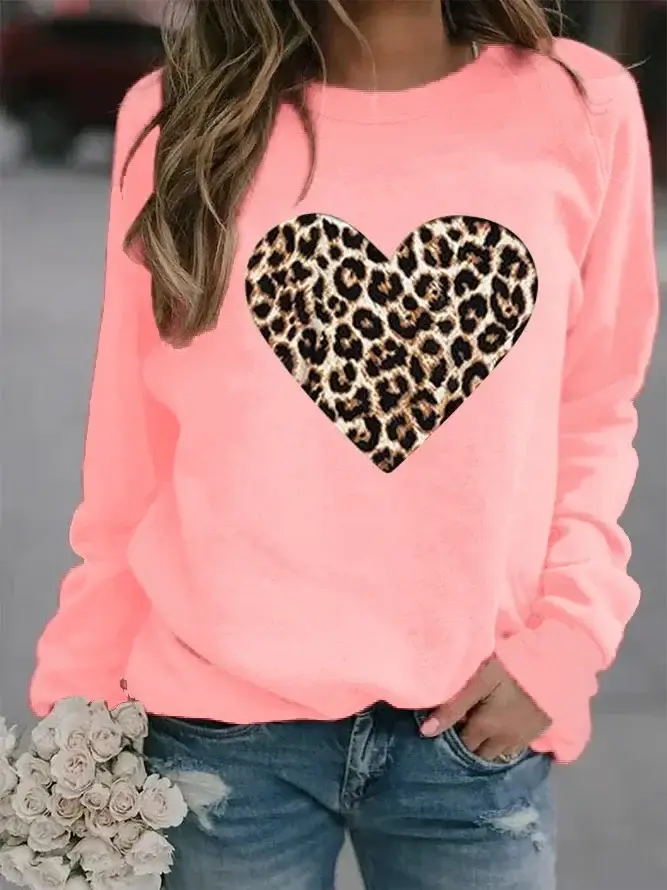 Women Pink Leopard Heart Crewneck Sweatshirt - Image 40