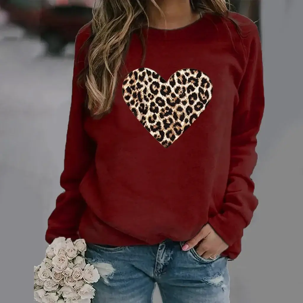 Women Pink Leopard Heart Crewneck Sweatshirt - Image 59