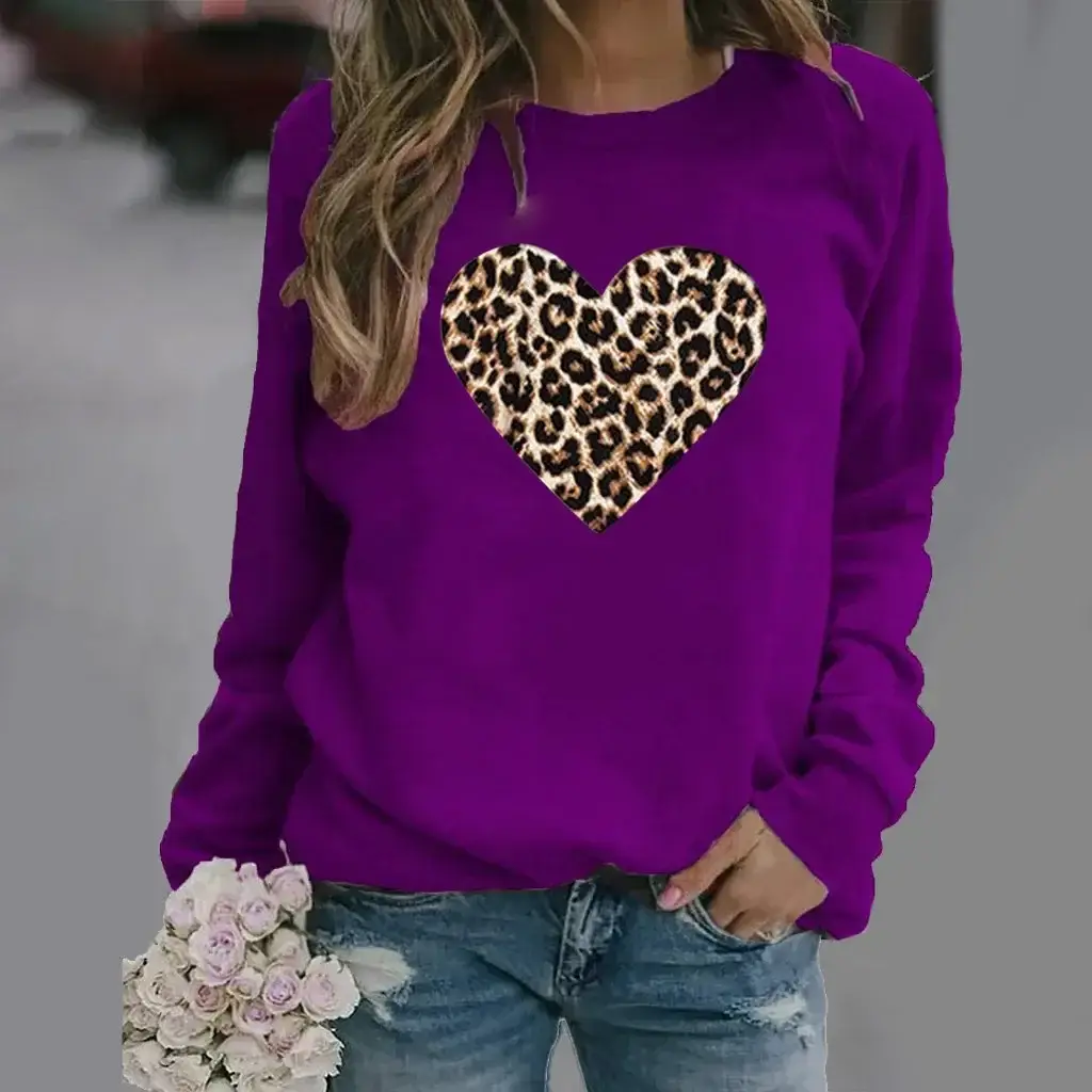 Women Pink Leopard Heart Crewneck Sweatshirt - Image 7