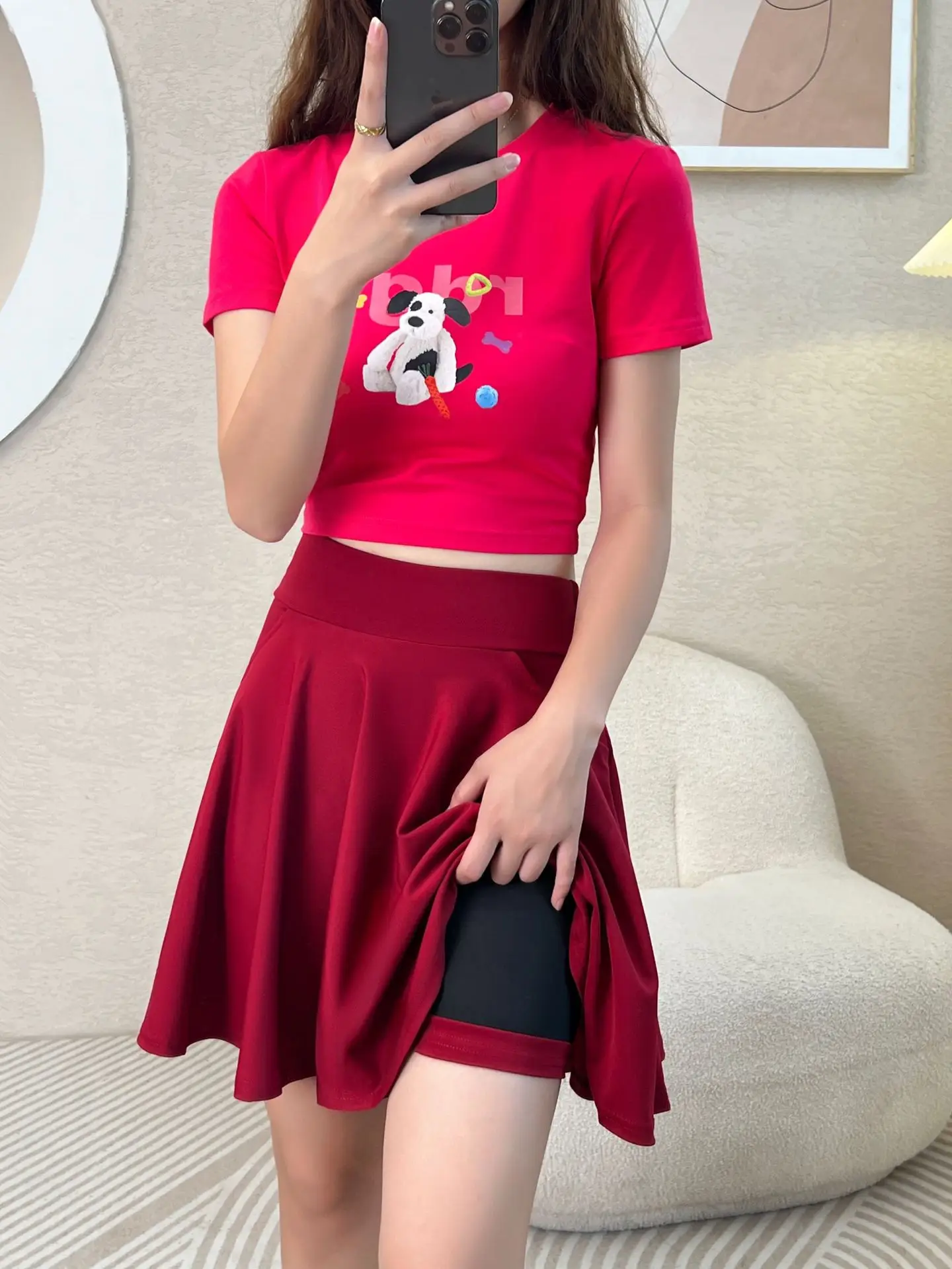Red Cat Print Pleated Skirt 45cm Large - Image 7