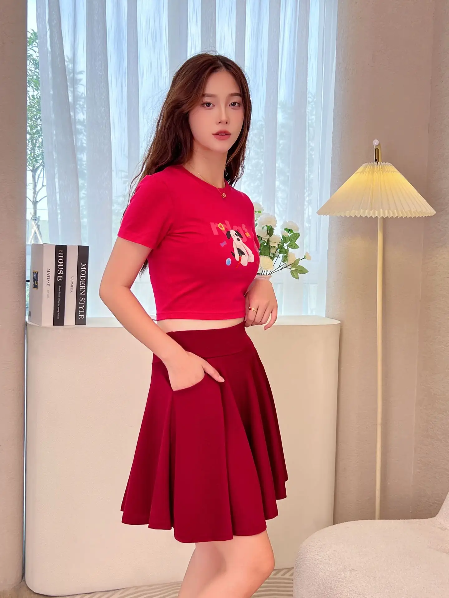 Red Cat Print Pleated Skirt 45cm Large - Image 8