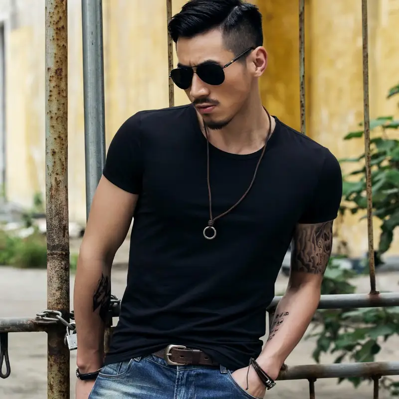 Men Grey Slim Fit T-Shirt Round Neck All Match