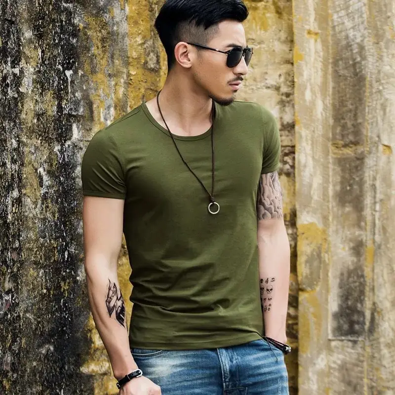 Men Grey Slim Fit T-Shirt Round Neck All Match