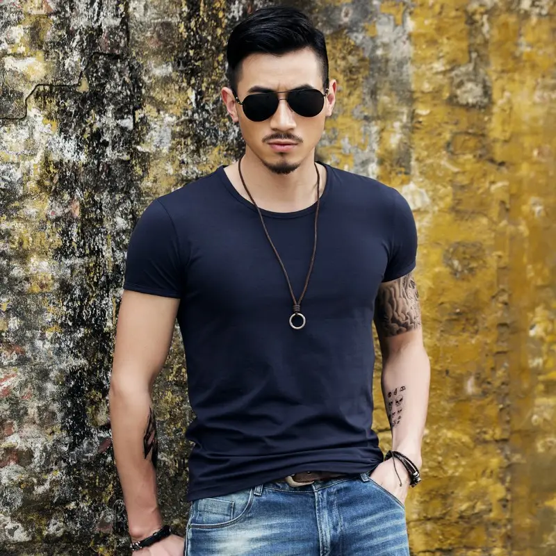 Men Grey Slim Fit T-Shirt Round Neck All Match