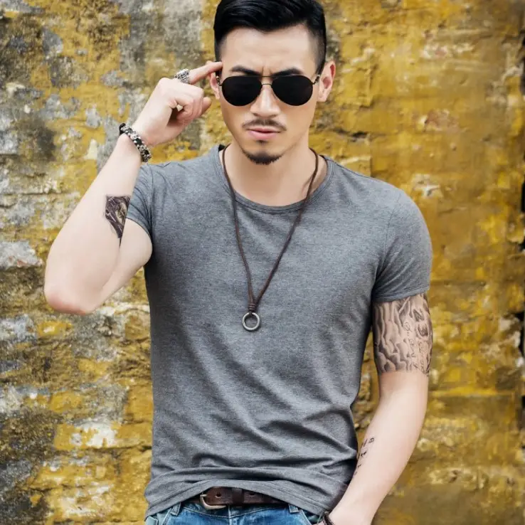 Men Grey Slim Fit T-Shirt Round Neck All Match