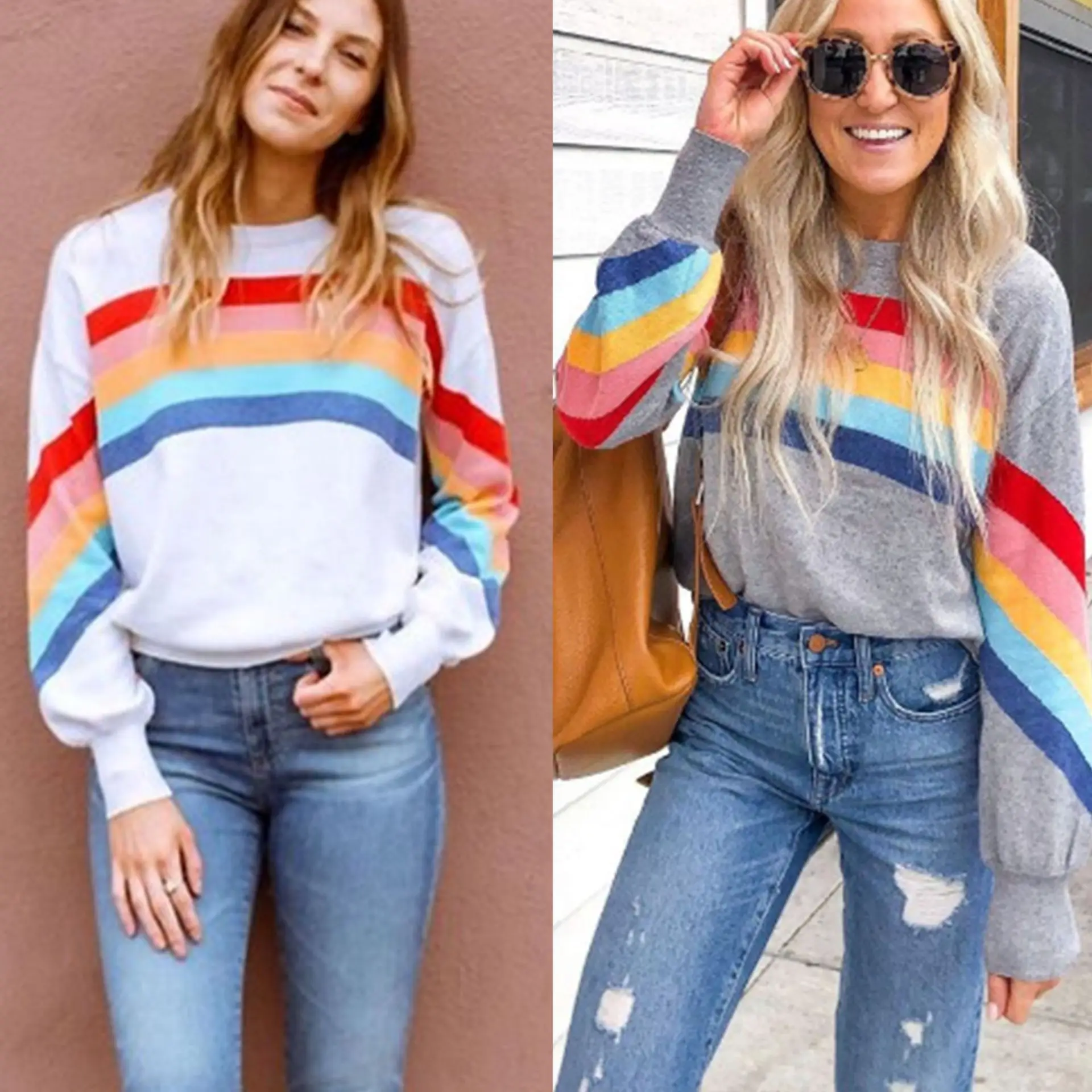 Rainbow Striped Long Sleeve Sweater for Women