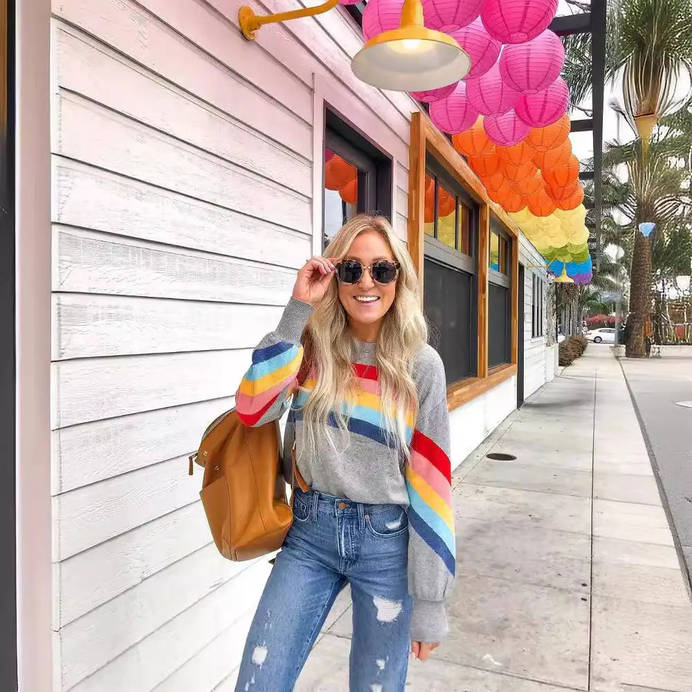 Rainbow Striped Long Sleeve Sweater for Women