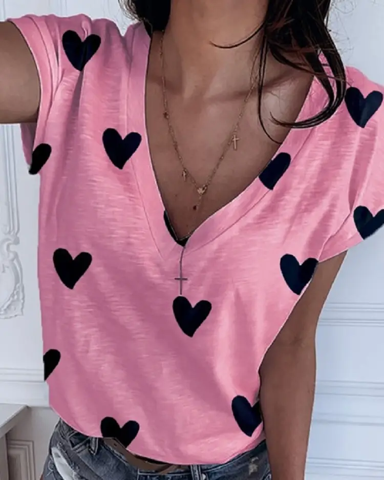 Pink Heart Print V-Neck T-Shirt for Women