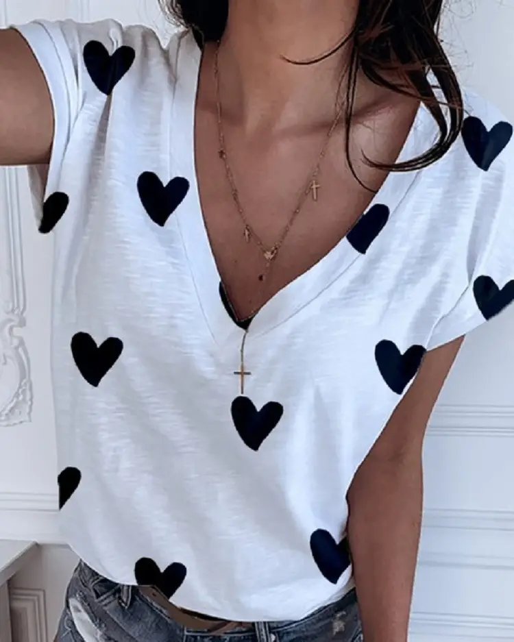 Pink Heart Print V-Neck T-Shirt for Women