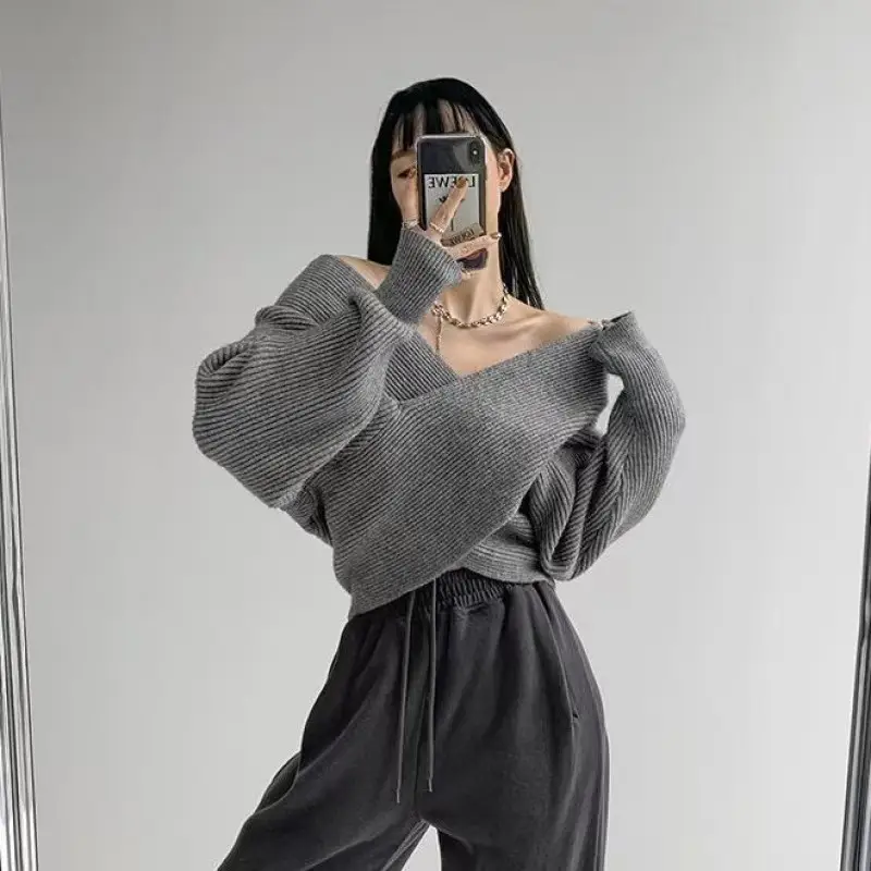 Women Cross V Neck Knit Sweater White 2025