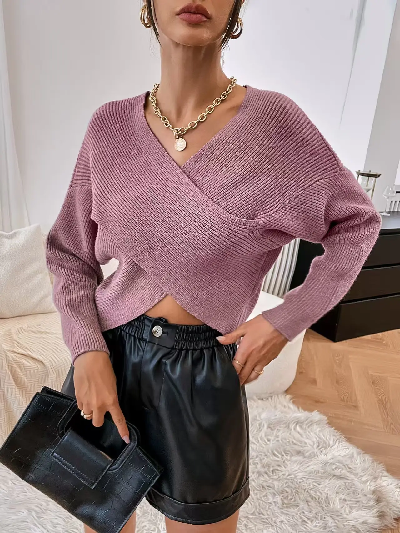 Women Cross V Neck Knit Sweater White 2025