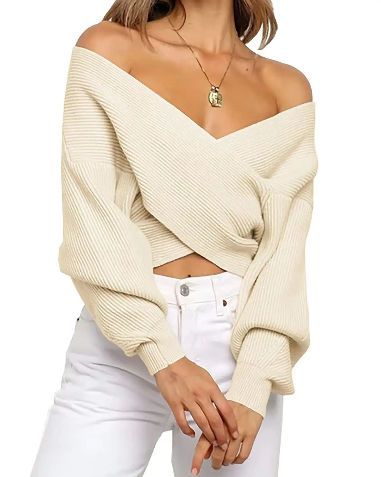 Women Cross V Neck Knit Sweater White 2025