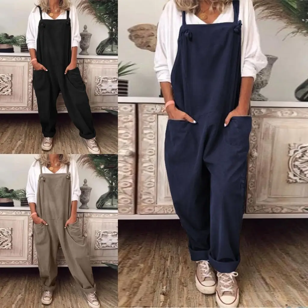 Women's 2024 Cotton Linen Casual Jumpsuit with Lace-Up Straps - Image 4