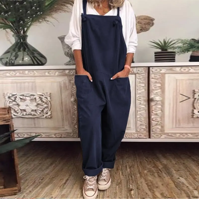 Women's 2024 Cotton Linen Casual Jumpsuit with Lace-Up Straps - Image 5