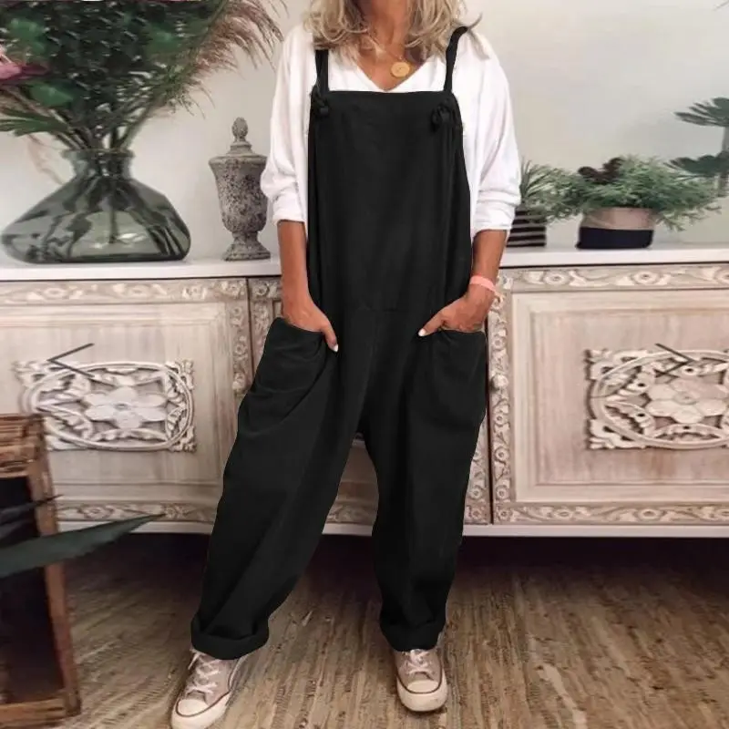 Women's 2024 Cotton Linen Casual Jumpsuit with Lace-Up Straps - Image 6