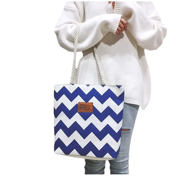 Women Chevron Jute Shoulder Bag Red White Rope Handle