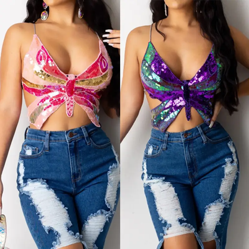 Sexy Butterfly Sequin Vest Top for Women - Image 4