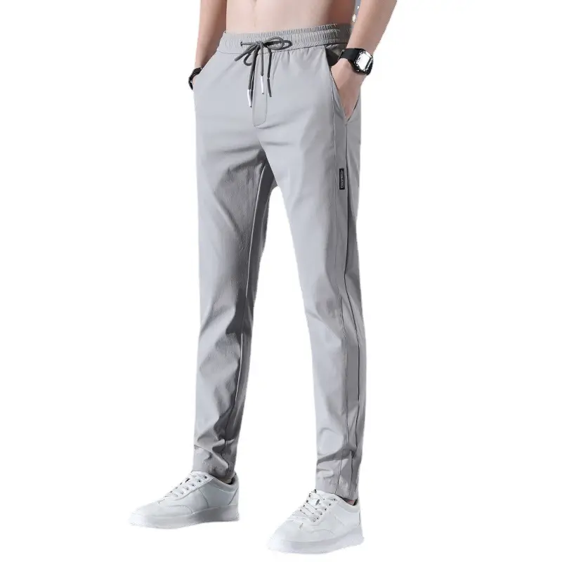 Men's Grey Ice Silk Straight Pants Spring Summer Stretch - Image 16
