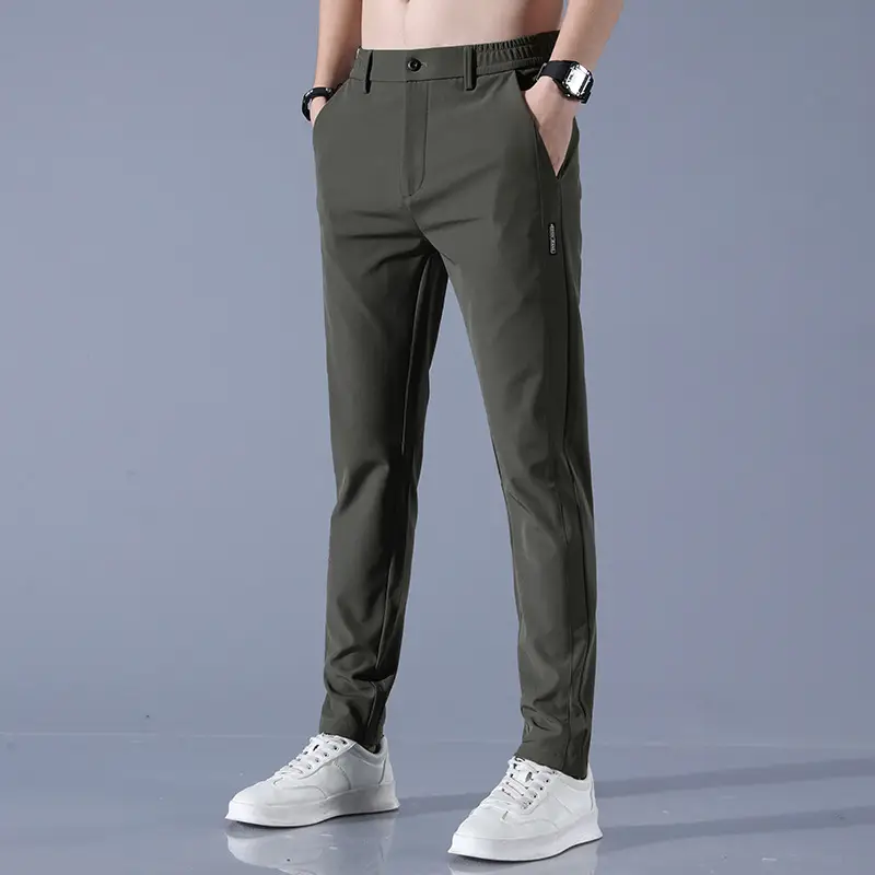 Men's Grey Ice Silk Straight Pants Spring Summer Stretch - Image 11