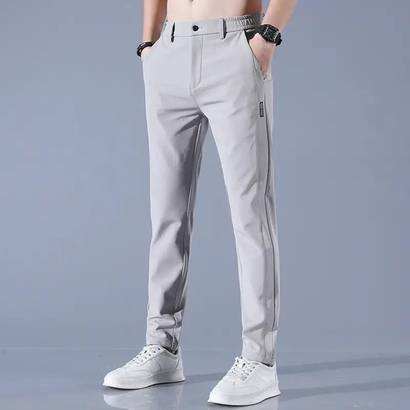 Men's Grey Ice Silk Straight Pants Spring Summer Stretch - Image 7