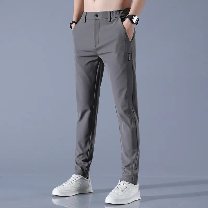 Men's Grey Ice Silk Straight Pants Spring Summer Stretch - Image 8