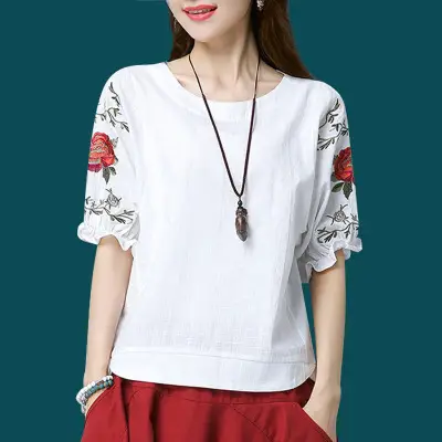 White Literary Embroidered T-Shirt for Women Slim Fit - Image 3