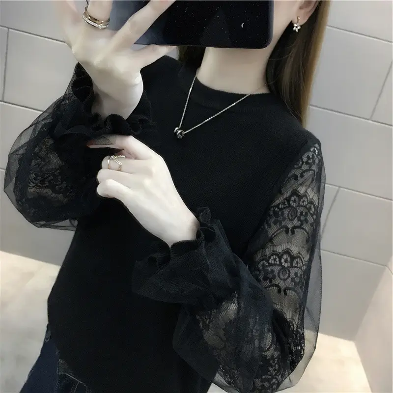 Women's Lace Sleeve Pullover Sweater Large Size